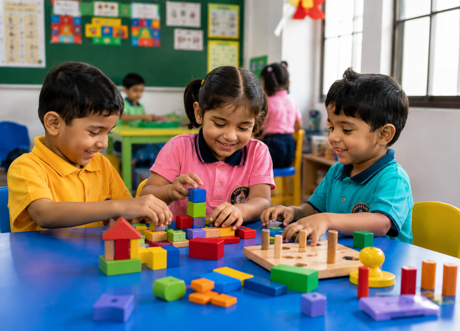 Happy preschool kids learning in classroom